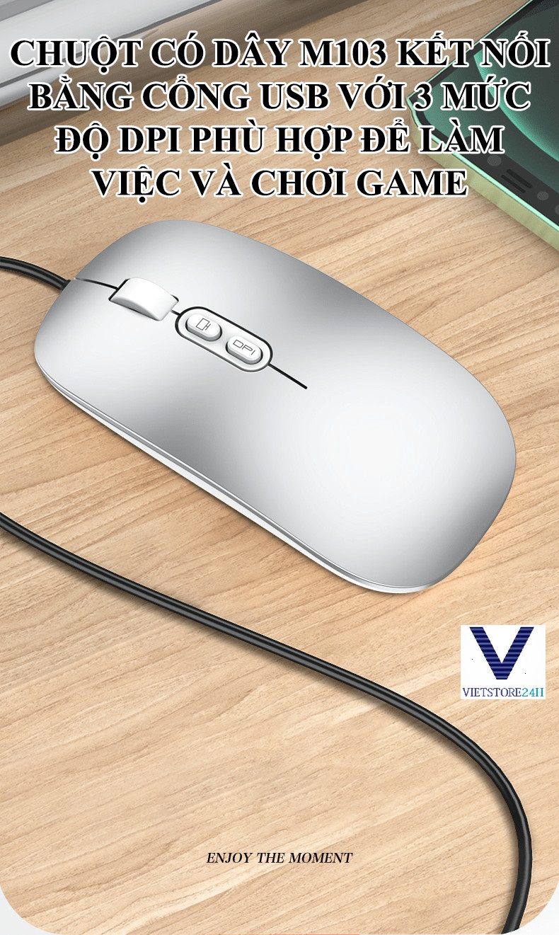 Chuột có dây M103 kết nối bằng cổng USB với 3 mức độ DPI phù hợp để làm việc, chơi game