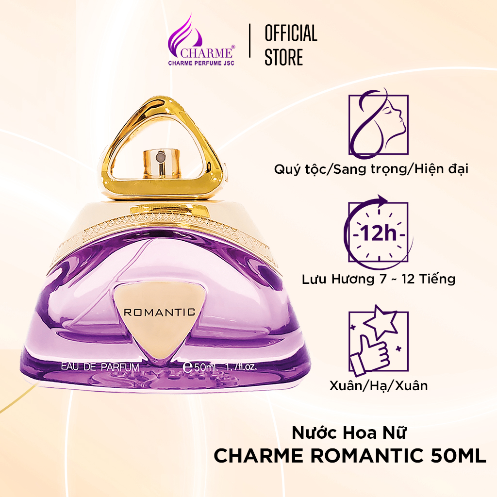 Nước hoa nữ cao cấp, Charme Romantic, chiết xuất hạt cây bụp vang, nốt hương dịu mát, ngọt ngào, 50ml