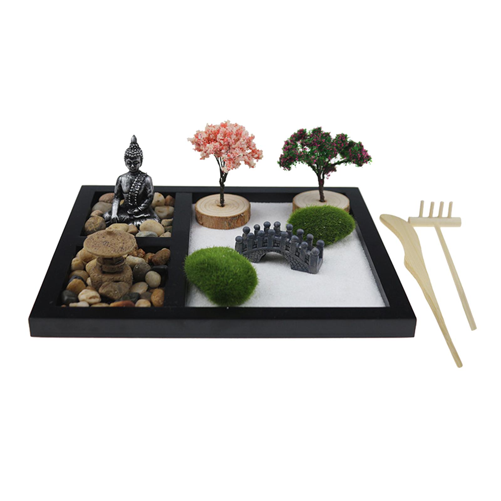 Mini Zen Garden Feng Shui Sand Tray Tree Buddha Statues Stress Relief Home