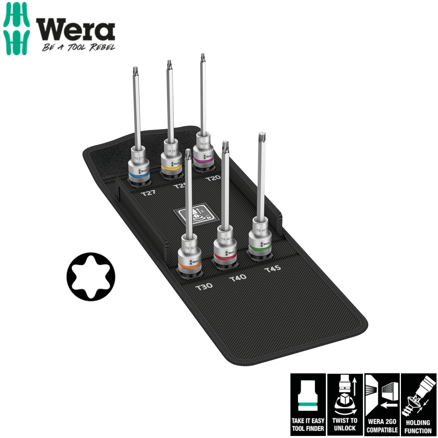 Bộ tuýp đầu vít hoa thị dài 1/2" ,6 cái, với chức năng giữ 8767 C TORX HF 2 Wera 05004211001