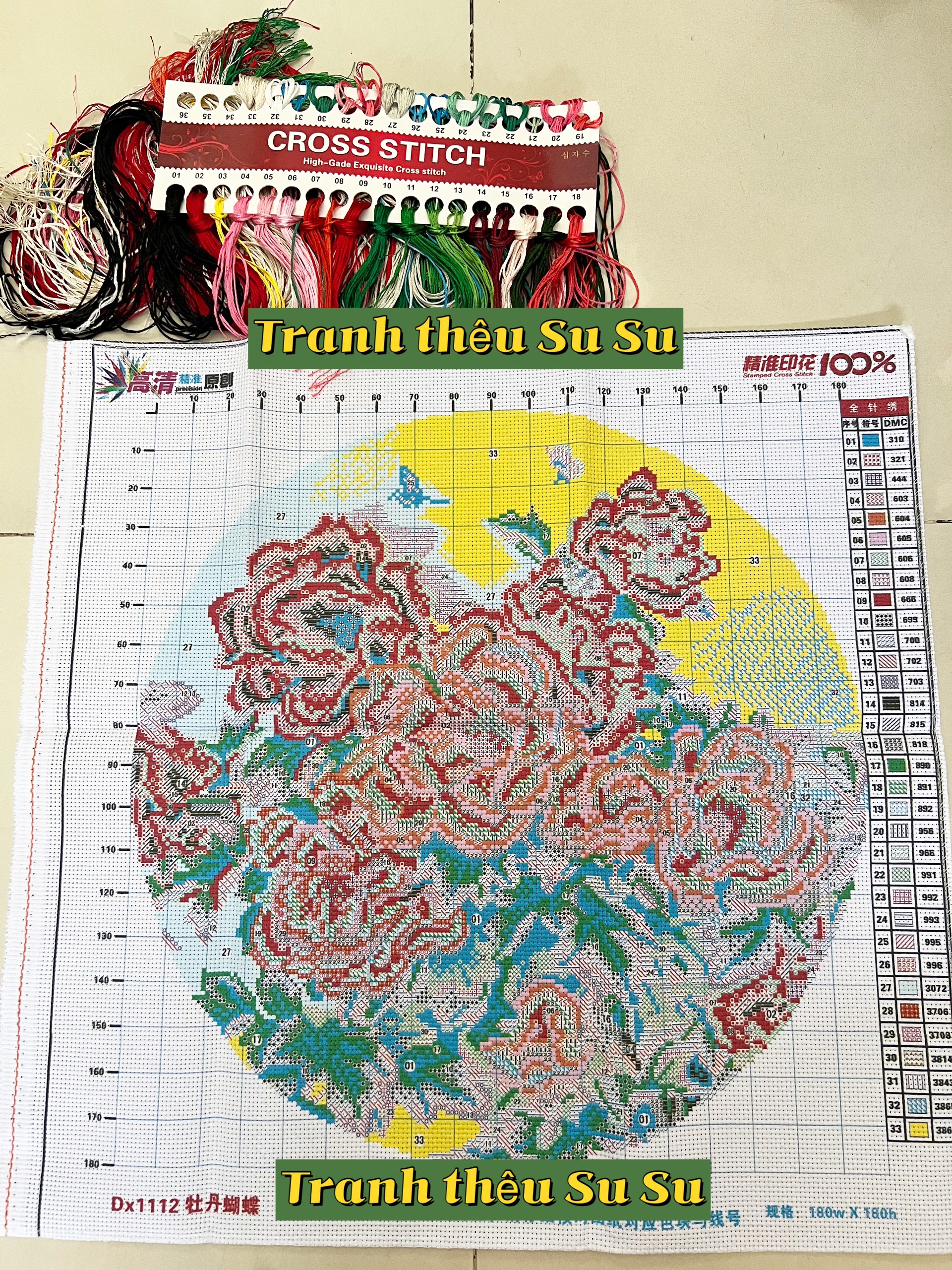 Tranh thêu kín Hoa mẫu đơn DX1112, kích thước 50 x 50 cm