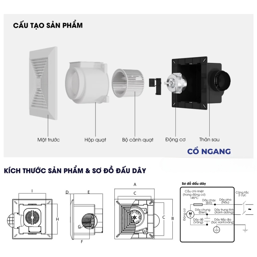 Quạt hút thông gió âm trần Rạng Đông QHAT01 cổ đứng, cổ ngang, động cơ bền bỉ - Hàng chính hãng