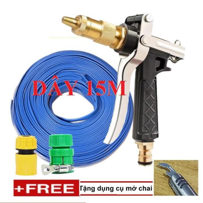 Bộ dây vòi xịt nước rửa xe, tưới cây . tăng áp 3 lần, loại 15m 206236 đầu đồng,cút,+ tặng mở chai