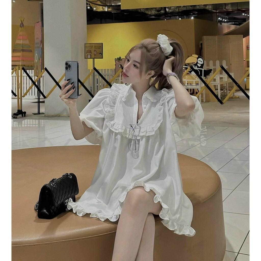ĐẦM BABYDOLL CỔ SƠ MI CÓ BÈO NHÚNG TAY NGẮN BOCHUN DÁNG NGẮN PHỒNG CHO CÁC BÁNH BÈO NHÀ MEOWSHOP