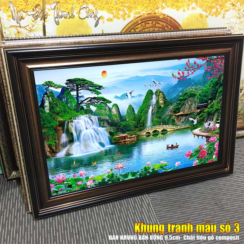 Tranh treo tường phòng khách, phòng ngủ SƠN THỦY HỮU TÌNH khung gỗ composit chất liệu pvc gương / lụa kim sa. MS:1713L9