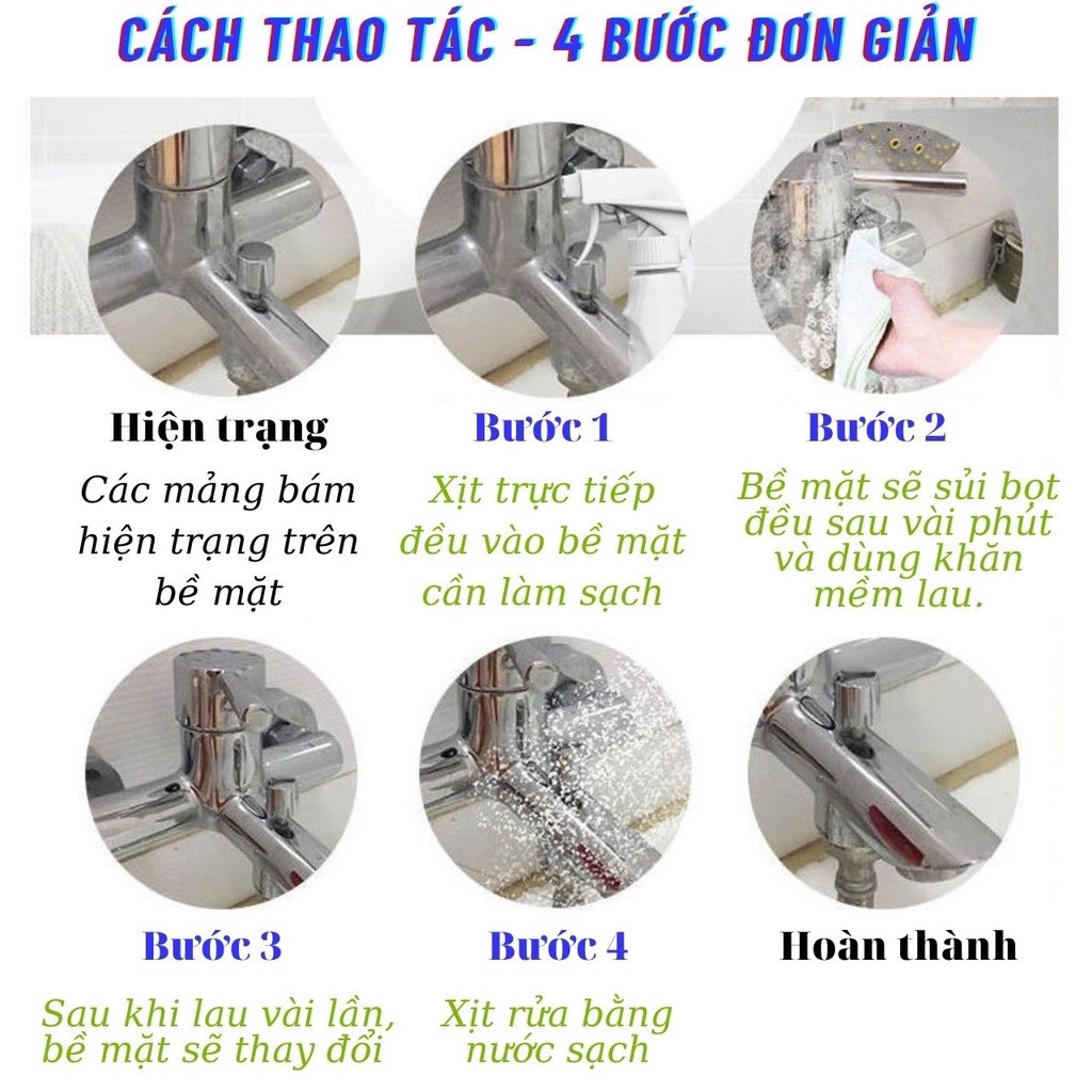 Chai xịt tẩy cặn canxi trên bồn rửa sứ, vòi rửa inox, vách kính, gạch men nhà tắm siêu sạch chai 500ml