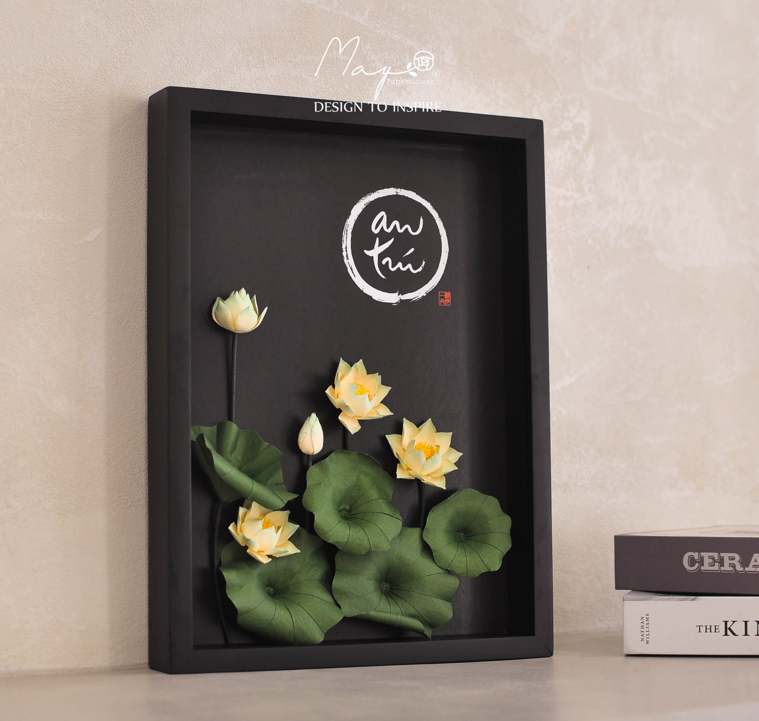 Tranh hoa giấy handmade trang trí cao cấp VIETNAM LOTUS "An Trú" 30x40cm - Maypaperflower Hoa giấy nghệ thuật