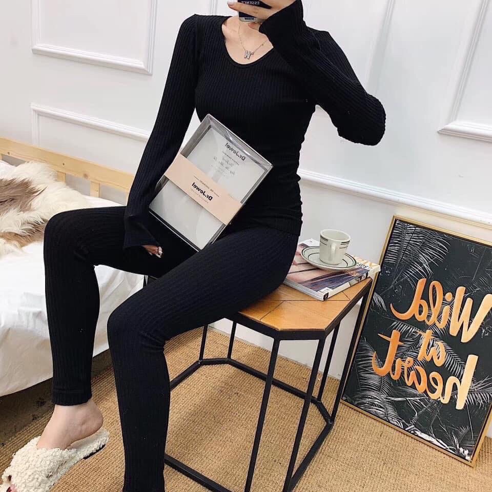 Bộ đồ ngủ cotton giữ nhiệt, tăm thu đông nữ, bộ ngủ ở nhà ấm áp co giãn 4 chiều.