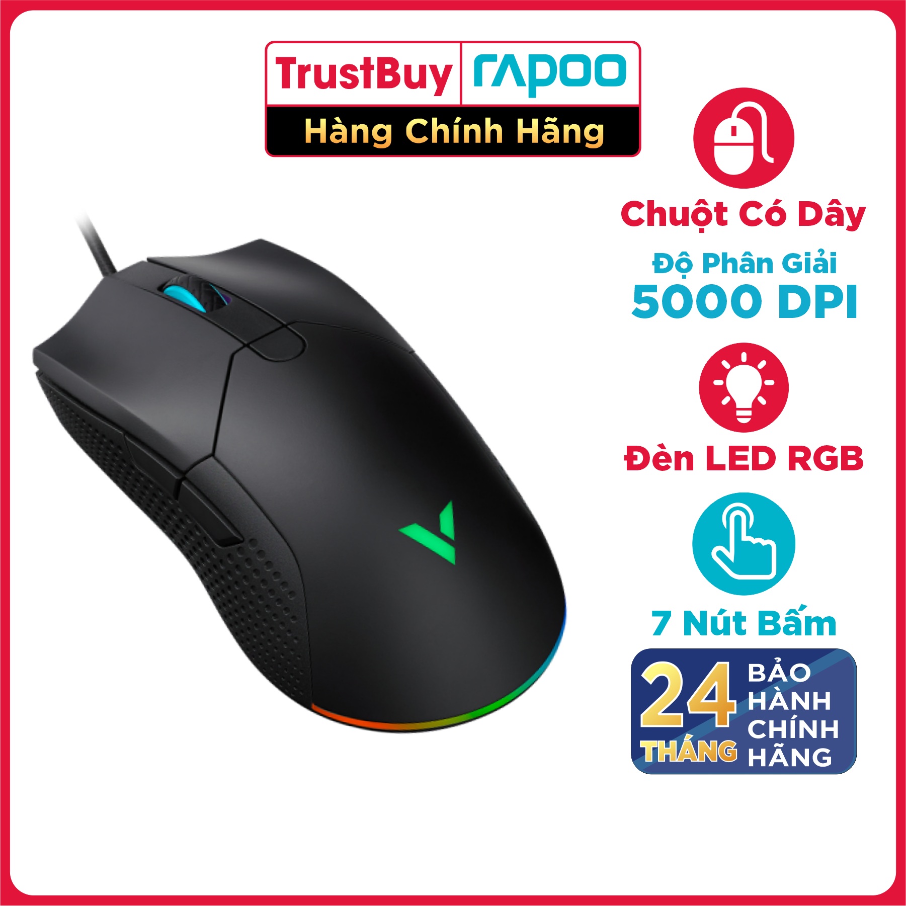 Chuột Gaming RAPOO V30 Đến 5000DPI, 7 Nút, Đèn LED 16 Triệu Màu, Thiết Kế Cho Game Thủ - Hàng Chính Hãng