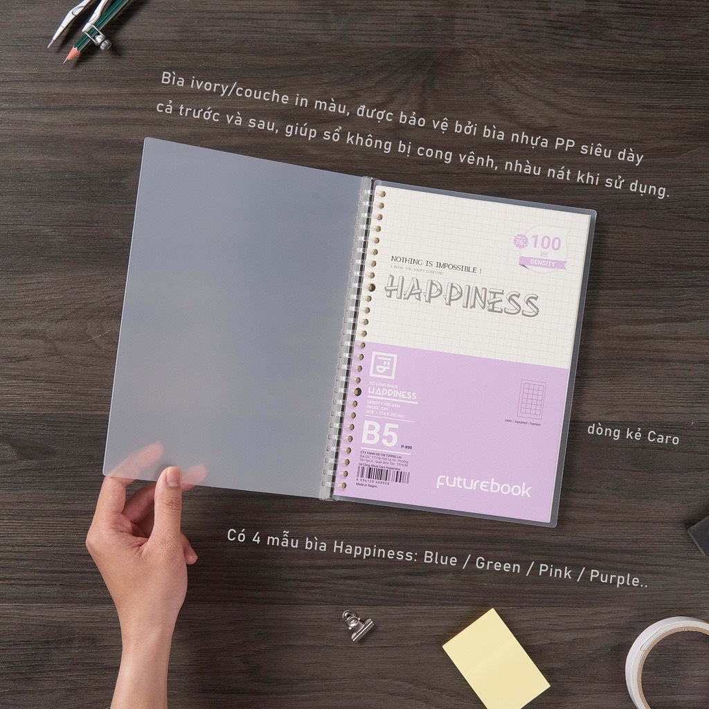 FUTUREBOOK-Sổ Còng Nhựa Happiness B5 26Chấu-120 Trang-Định Lượng 100Gsm.Dòng kẻ CARO . MÃ SP B890