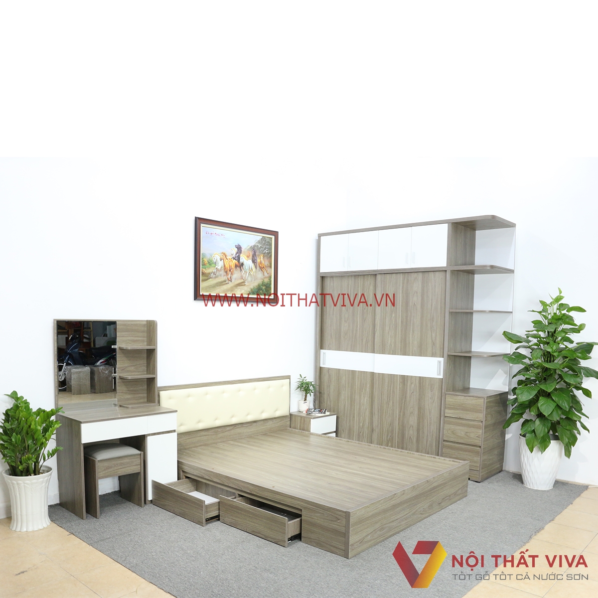 Bộ Combo Phòng Ngủ Tủ Kịch Trần Gỗ MDF Màu Xám Phối Trắng Cao Cấp Đẹp