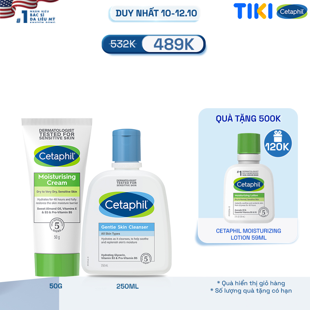 Combo Làm sạch và Dưỡng ẩm cho da nhạy cảm Sữa rửa mặt Cetaphil Gentle Skin Cleanser 250ml + Kem dưỡng ẩm Cetaphil Moisturizing Cream 50g