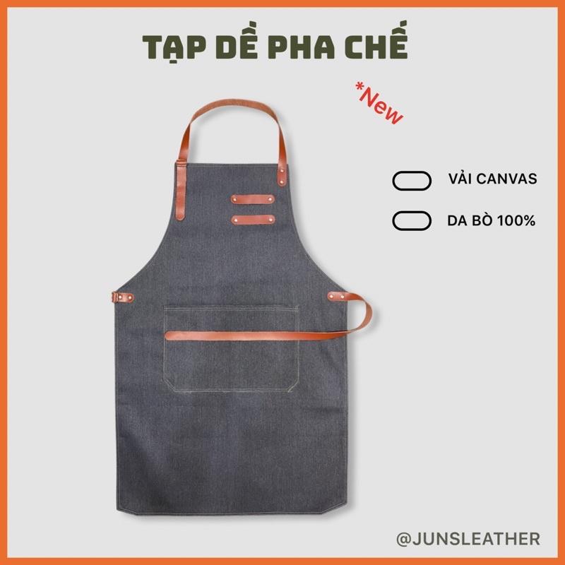 Tạp dề pha chế vải canvas dây da của Junsleather phối da bò cao cấp dành cho Barista/Bartender quán cà phê