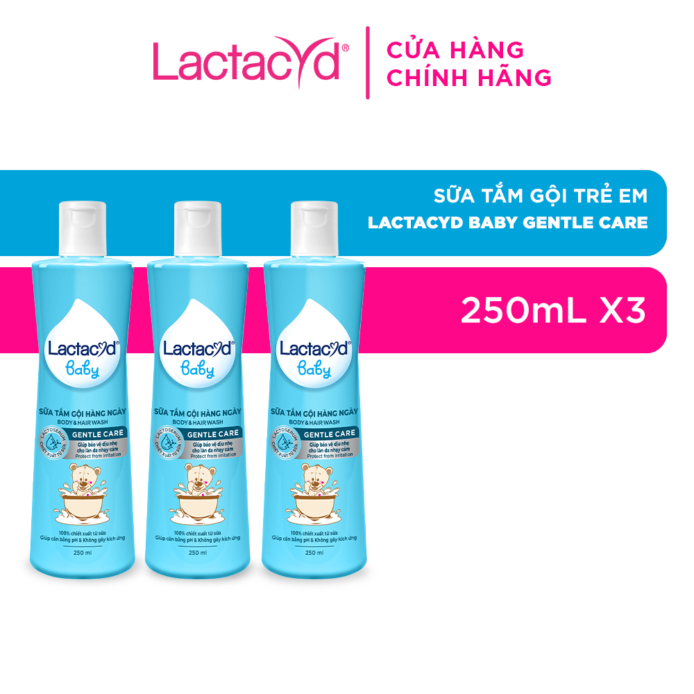 Bộ 3 chai Sữa Tắm Gội Trẻ Em Lactacyd Baby Gentle Care Bảo Vệ Dịu Nhẹ Cho Làn Da Nhạy Cảm 250ml/chai