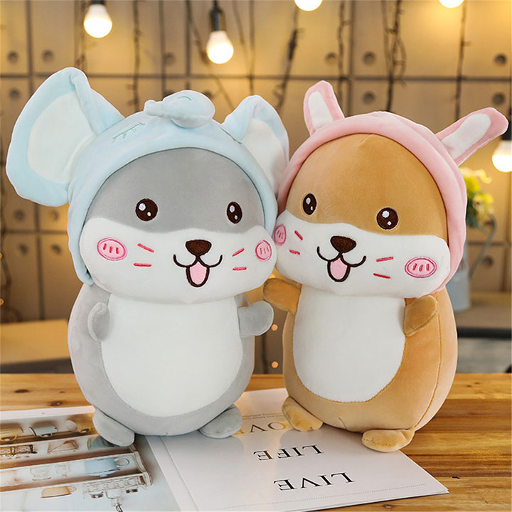 Gấu bông, Gối Ôm chuột hamster mũ xanh siêu cute, Thú nhồi bông chuột hamster mũ xanh siêu cute, Gấu bông sang trọng, Đồ chơi thú bông