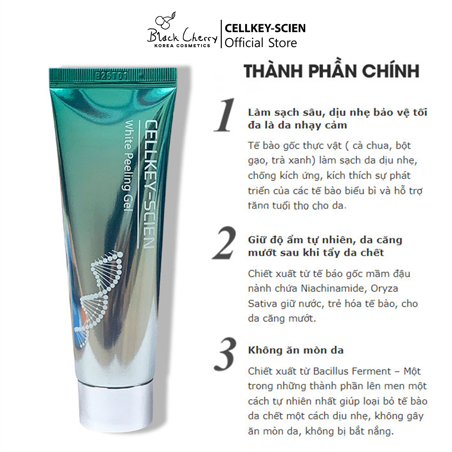Tẩy Da Chết Mặt Tế Bào Gốc Thực Vật Lành Tính Làm Sạch Sâu Dịu Nhẹ Dưỡng Ẩm Sáng Da Cho Da Dầu Mụn Nhạy Cảm Cellkey-Scien White Peeling Gel (80ml)