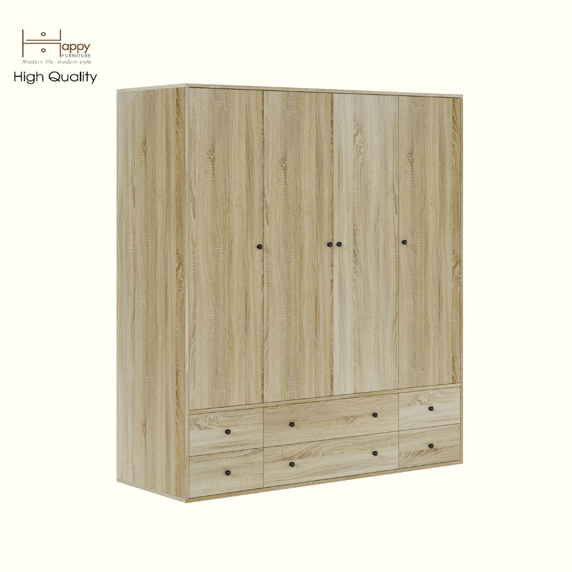 HAPPY FURNITURE , ZACY - Tủ quần áo 4 cửa mở 6 ngăn kéo, TCM_209 , 160cm x 59cm x 180cm DxRxC, Sản phẩm phổ thông