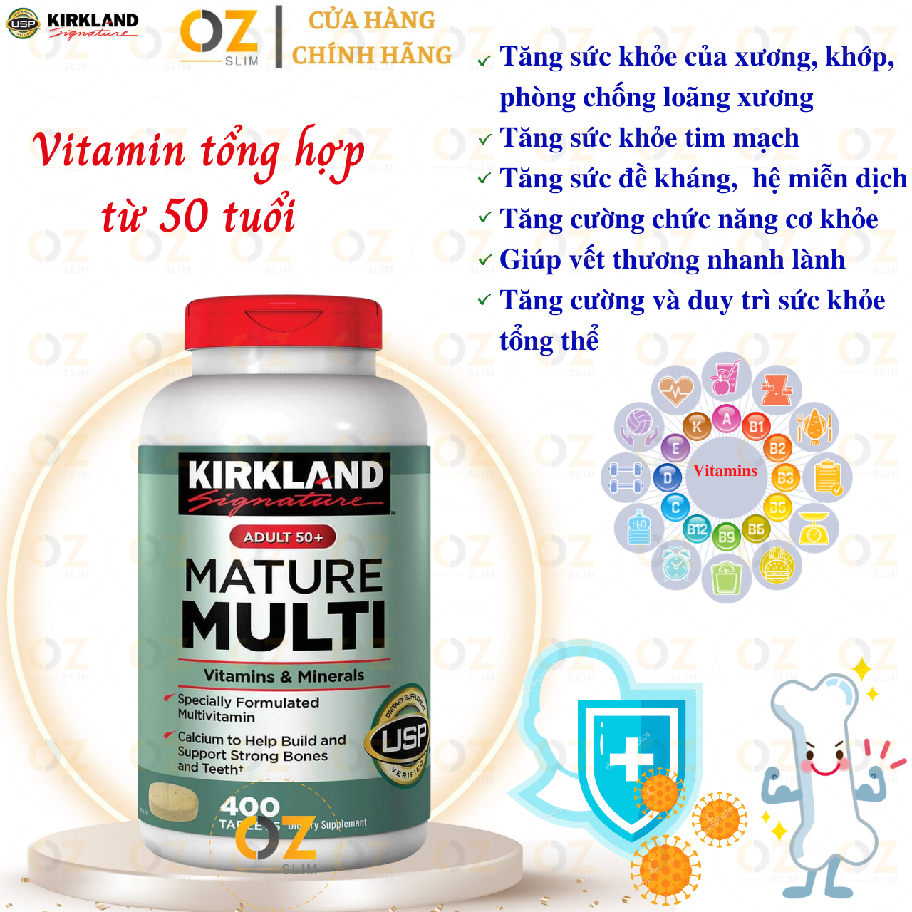 Vitamin tổng hợp cho người từ 50 tuổi Kirkland Adult 50+ Mature Multi tăng sức đề kháng, phòng bệnh lây nhiễm, bệnh do virus, vi khuẩn - OZ Slim Store