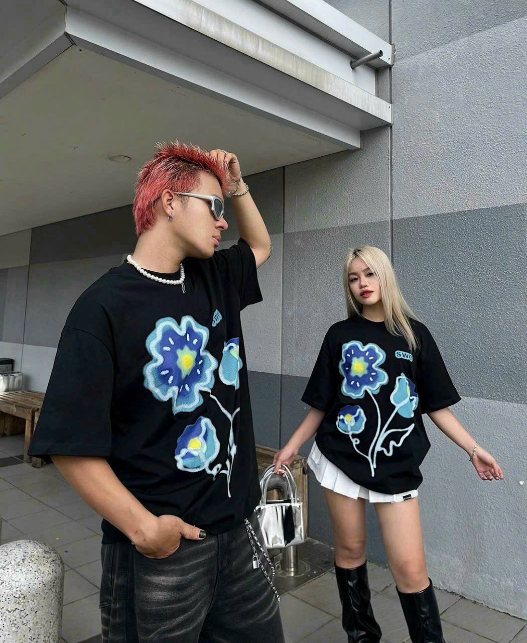 Áo Thun Unisex Tay Lỡ In Bông Hoa - Nam Nữ Couple - Áo Phông Chất Cotton Dày Mịn