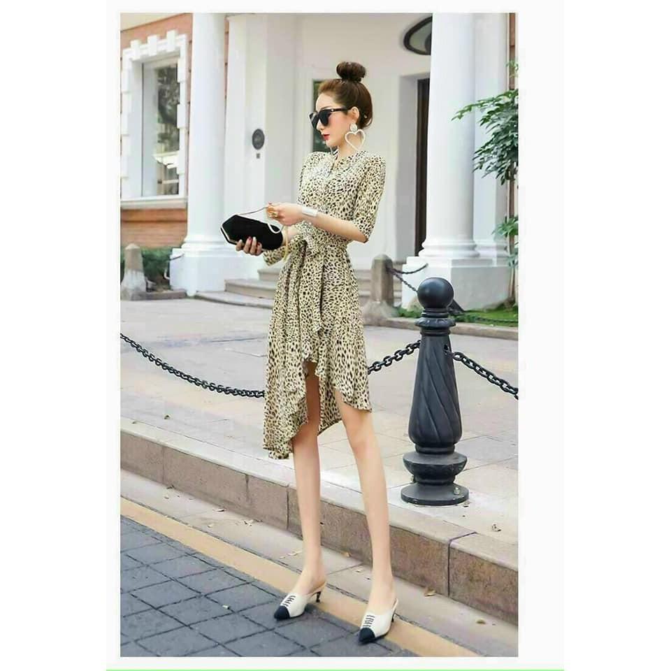 ĐẦM XÒE HỌA TIẾT BEO TÀ XÉO CỔ V SANG TRỌNG