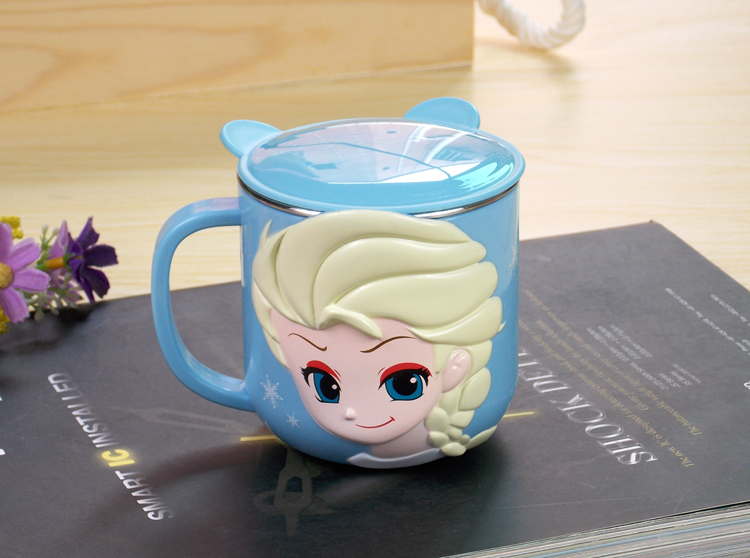 Ly inox giữ nhiệt , cốc có quai cầm 260ml hình công chúa Elsa Frozen nổi 3D màu xanh cho trẻ em , bé gái  - 97VNDP2288