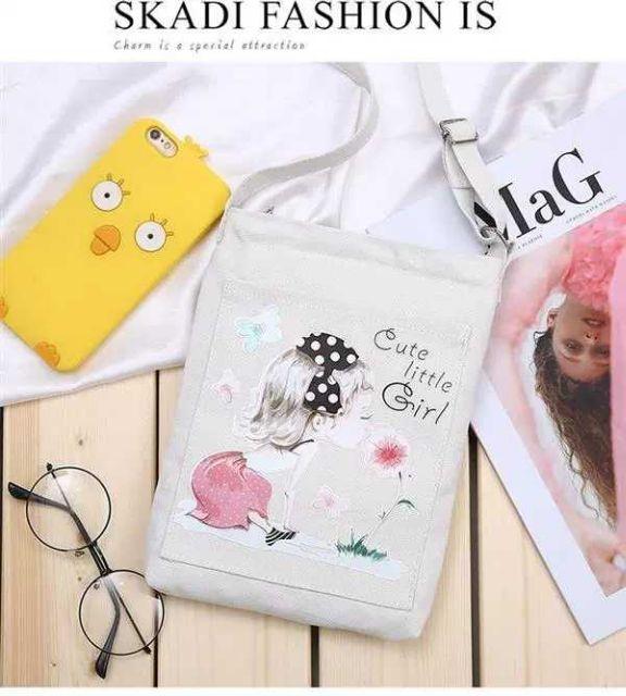 Túi tote, Túi vải, Túi tote đeo chéo, túi xách mini, túi tote mini, túi tote hình cô gái, túi đựng ipad mini