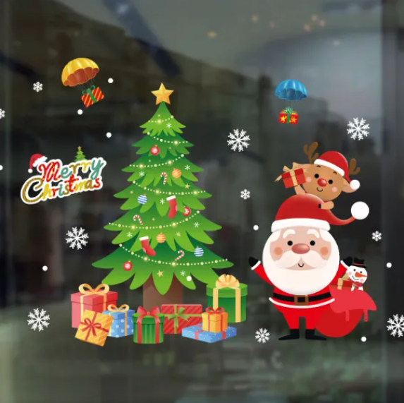 Decal trang trí Noel - Cây thông và ông già noel cùng những hộp quà