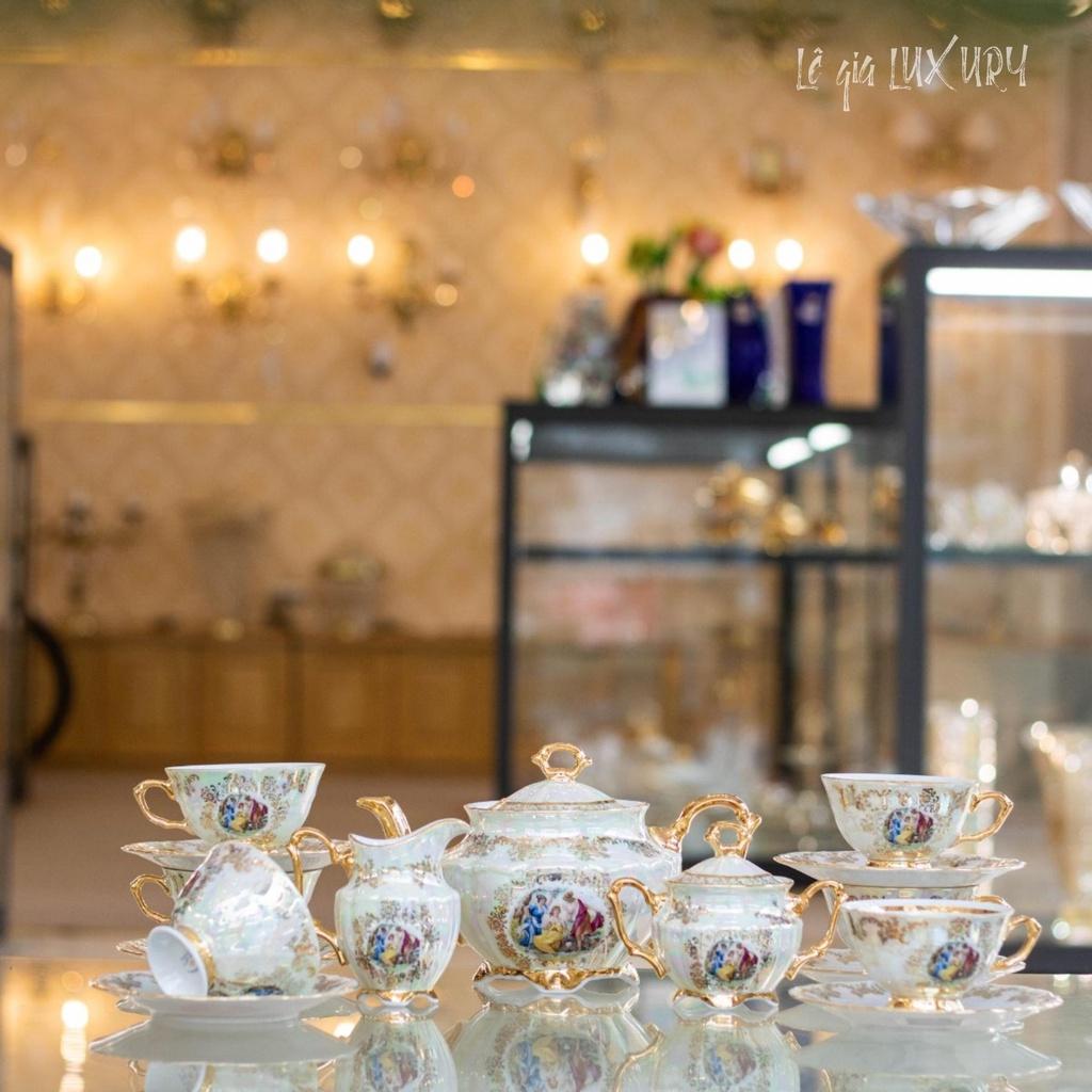 Bộ ấm chén trà Mạ vàng TÂN CỔ ĐIỂN, Bộ ấm chén trà Châu Âu cao cấp Sang trọng, Gốm Sứ Tiệp Khắc, Ấm chén cao cấp nhập khẩu -ACT4