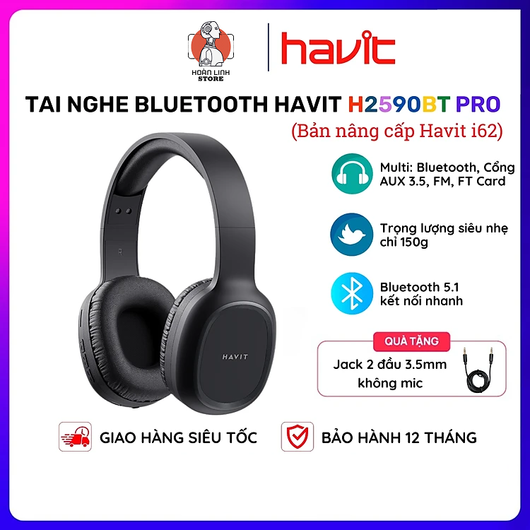 Tai Nghe Bluetooth Headphone HAVIT H2590BT Pro, Bluetooth 5.1 (Bản nâng cấp của Havit i62), Driver 40mm, Siêu nhẹ 150g, Gập Gọn 90 - Hàng chính hãng