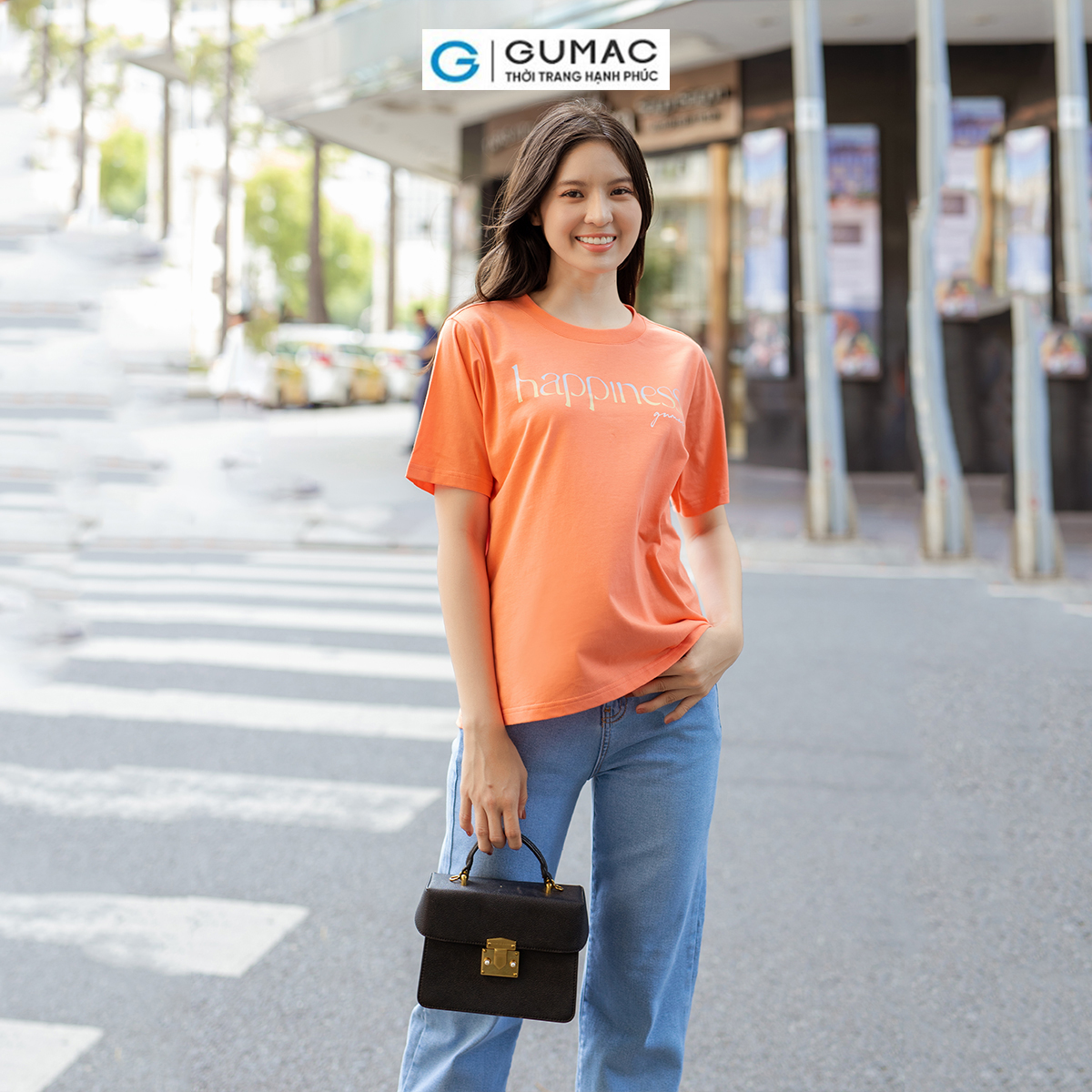Áo thun nữ cotton tay ngắn cổ tròn in Happiness trẻ trung năng động thời trang GUMAC ATD07043