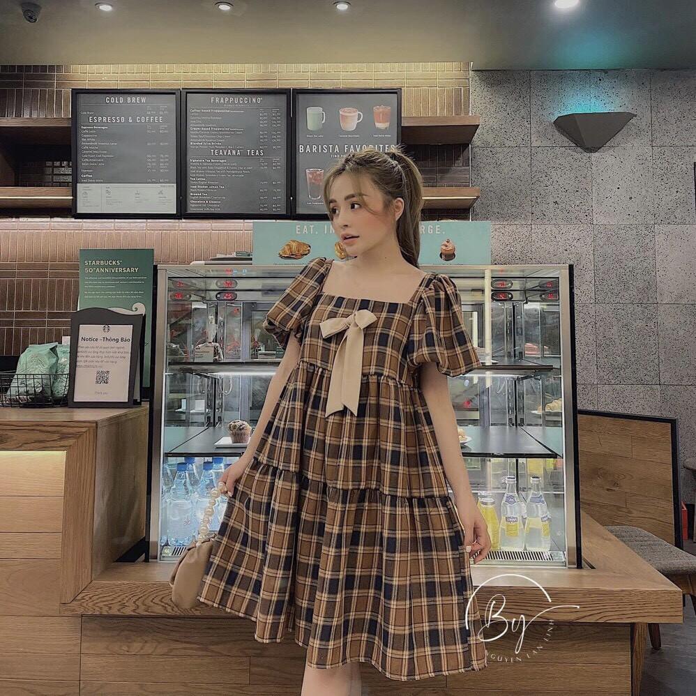 Đầm Babydoll Kẻ Caro Có Nơ Ngực Váy Babydoll Caro Tay Ngắn Có Nơ Ngực