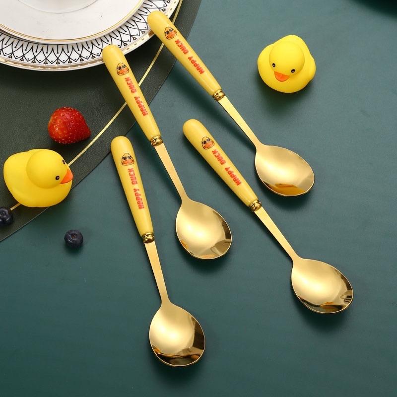 Set 6 thìa vịt vàng DUCK dễ thương kèm vỏ hộp xinh xắn - Bộ 6 muỗng hình vịt mạ vàng đáng yêu cán dài cho bé ăn dặm