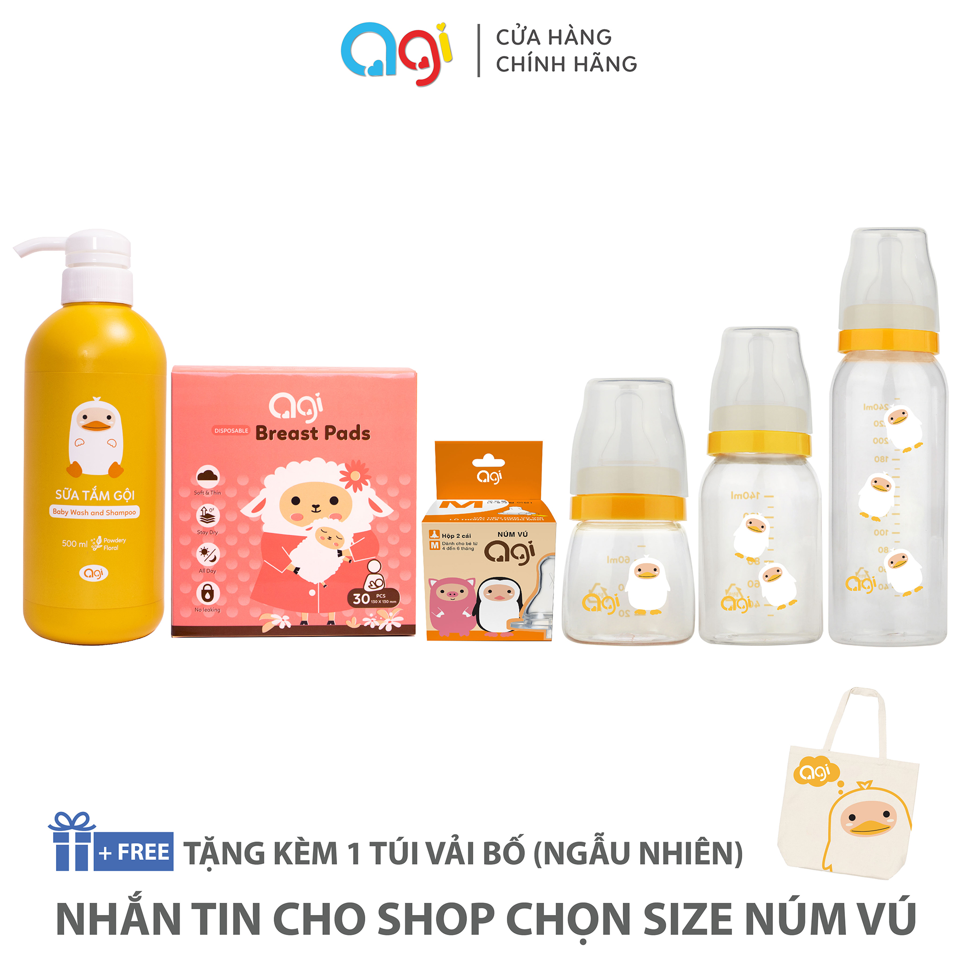 Combo 7 món đa dạng Agi ( Bình sữa, sữa tắm giao ngẫu nhiên, Núm vú nhắn tin cho shop để chọn size )