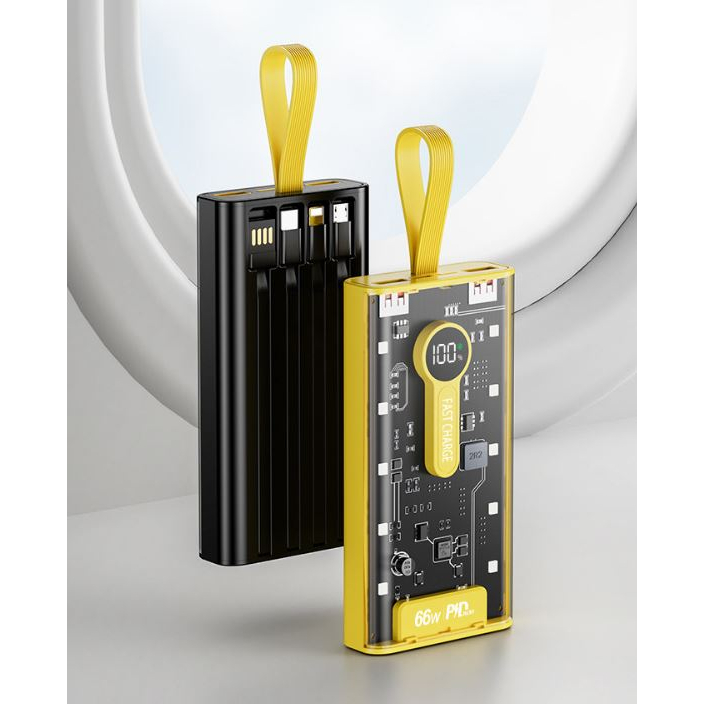 Pin Sạc Dự Phòng trong suốt 20000mAh - 66W - sạc siêu nhanh, tích hợp 4 cáp, 2 cổng usb, sạc cùng lúc nhiều điện thoại - Hàng chính hãng