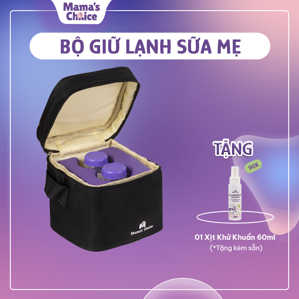 Trọn Bộ Giữ Lạnh Sữa Mẹ Mamas Choice, Bảo Quản Sữa Mẹ, Đựng Và Giữ Ấm Đồ Ăn Cho Bé, Chất Liệu Cao Cấp 4 Lớp Dày Dặn - Túi 2 Đá 2 Bình - Bình Cổ Rộng 180Ml