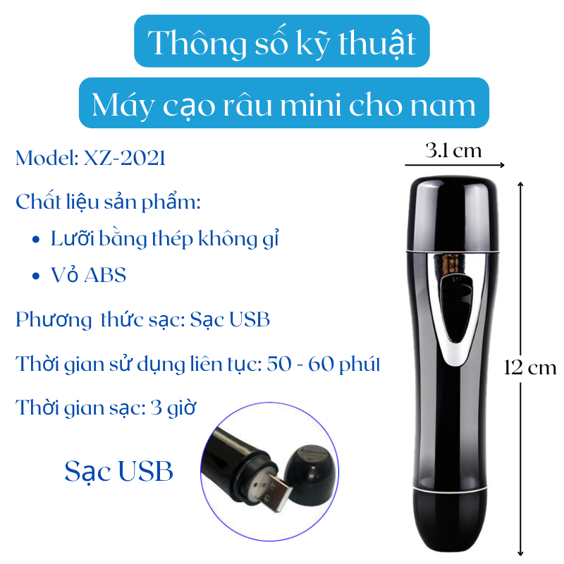 Máy Cạo Râu Mini Cho Nam Bugu XZ-2021 Sạch Sẽ Nhanh Gọn Tiết Kiệm Pin