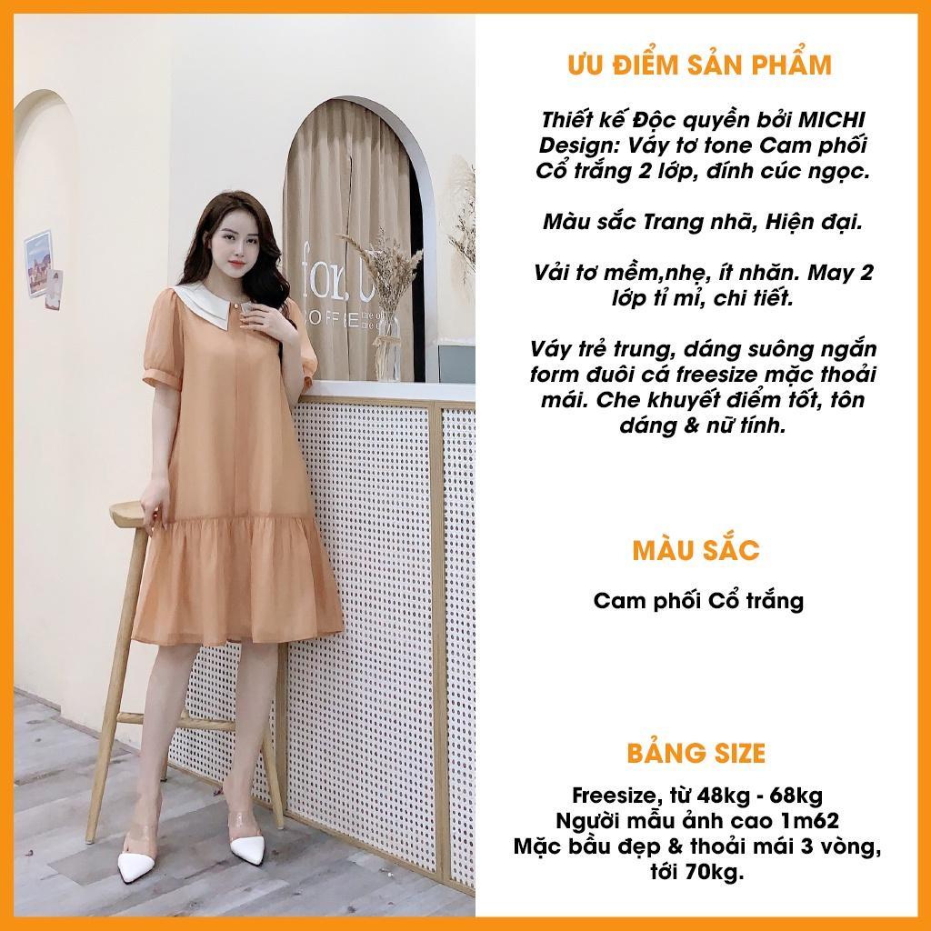 Váy suông Đuôi cá Ngắn tay Cổ trắng đính Cúc ngọc Freesize VS304 MICHI House Đầm xuông Thiết kế Form Bầu rộng Bigsize