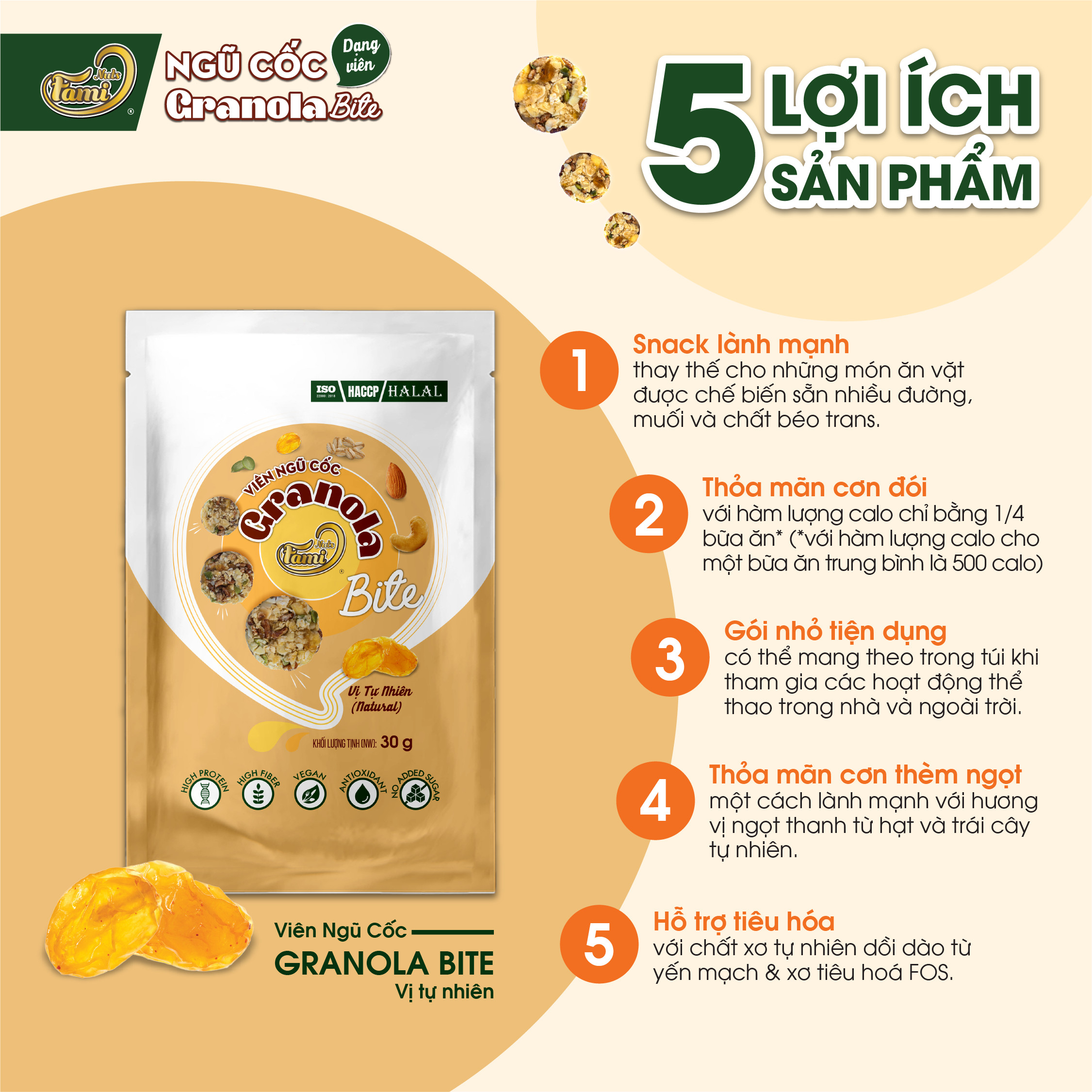 Viên ngũ cốc Granola bite túi 30gr - Vị tự nhiên