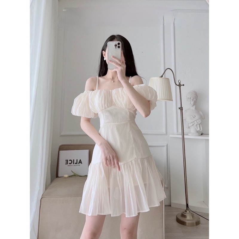 Đầm 2 dây trễ vai, Váy trắng ngắn hai dây Cao Cấp dáng chữ A tay ngắn ôm eo sexy gợi cảm MiNhi