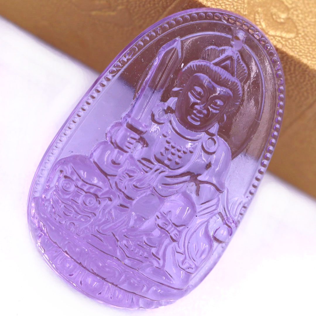 Mặt dây chuyền Phật Văn thù pha lê tím 3.6 cm kèm vòng cổ dây dù đen + móc inox vàng, Phật bản mệnh, mặt dây chuyền phong thủy