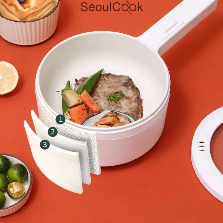 Nồi điện Seoulcook đa năng thông minh tráng men chống dính cao cấp công nghệ Hàn Quốc, kèm lồng hấp dùng nấu soup, chiên, rán…