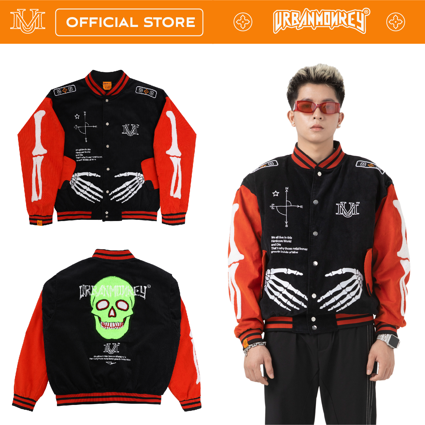 Áo Khoác URBAN MONKEY SKELETON Varsity Vải Nhung Tăm Cao Cấp Phối Black Neli