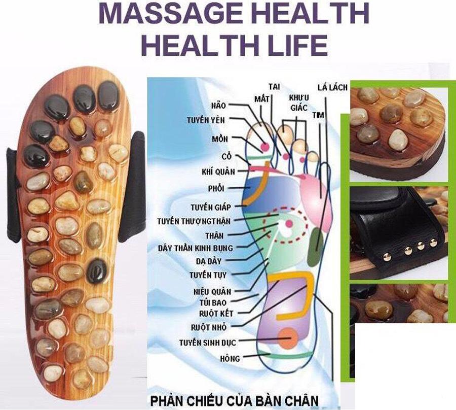 Dép Massage khảm đá Bấm huyệt bàn chân trên gỗ tự nhiên, Bấm Huyệt chân Giảm căng thẳng mệt mỏi cao câp