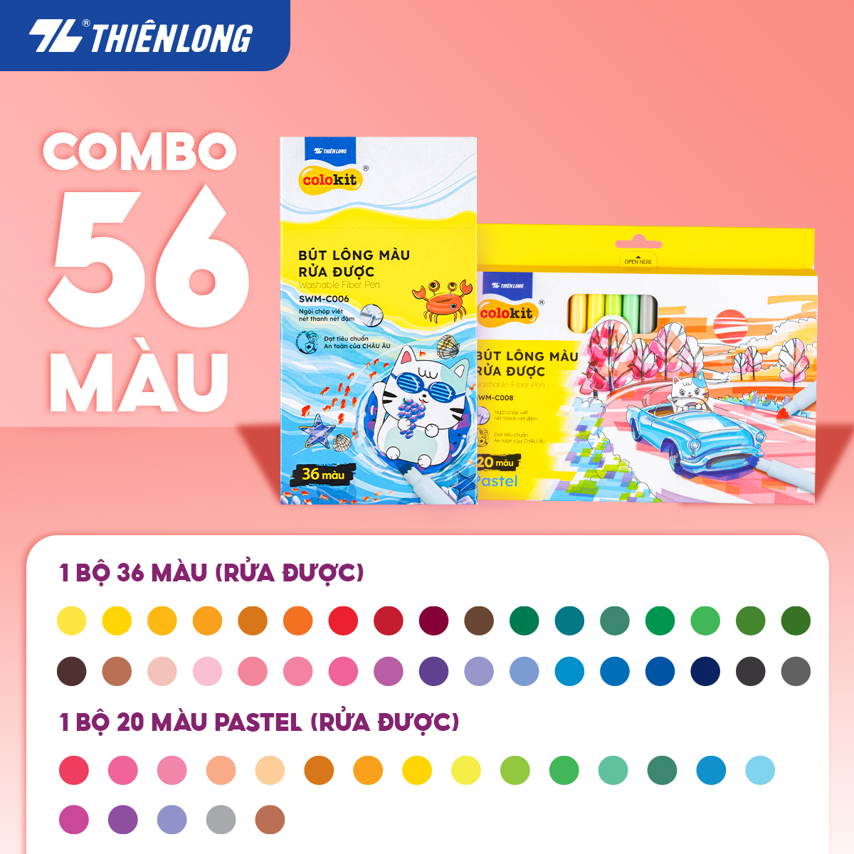 Combo Bút lông màu Fiber Pen Thiên Long Colokit 56 màu rửa được an toàn sử dụng tô màu, vẽ tranh, calligraphy