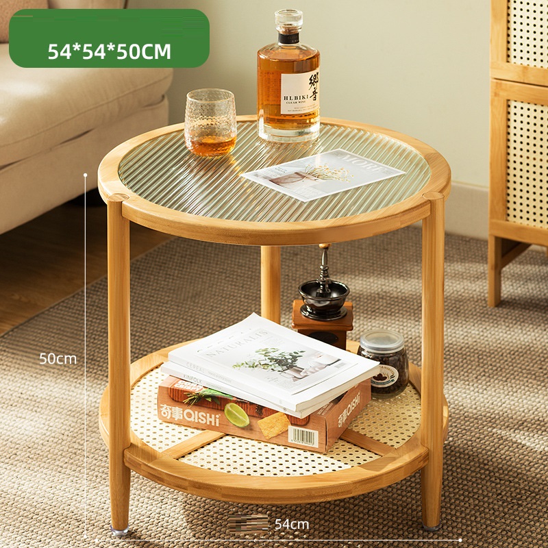 Bàn trà cafe tròn 54x50cm chất liệu gỗ phối Mây mặt kính cường lực cao cấp