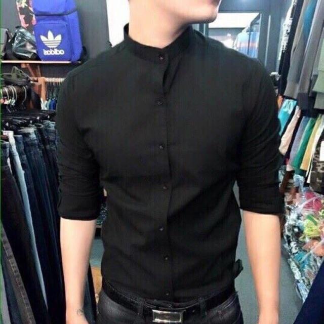 Sơ Mi nam dài tay Cổ Tàu Màu Đen