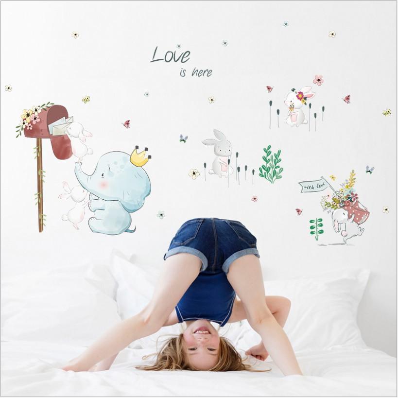 Decal trang trí tường - Khu Vườn Thỏ Trắng Voi xanh màu nhạt