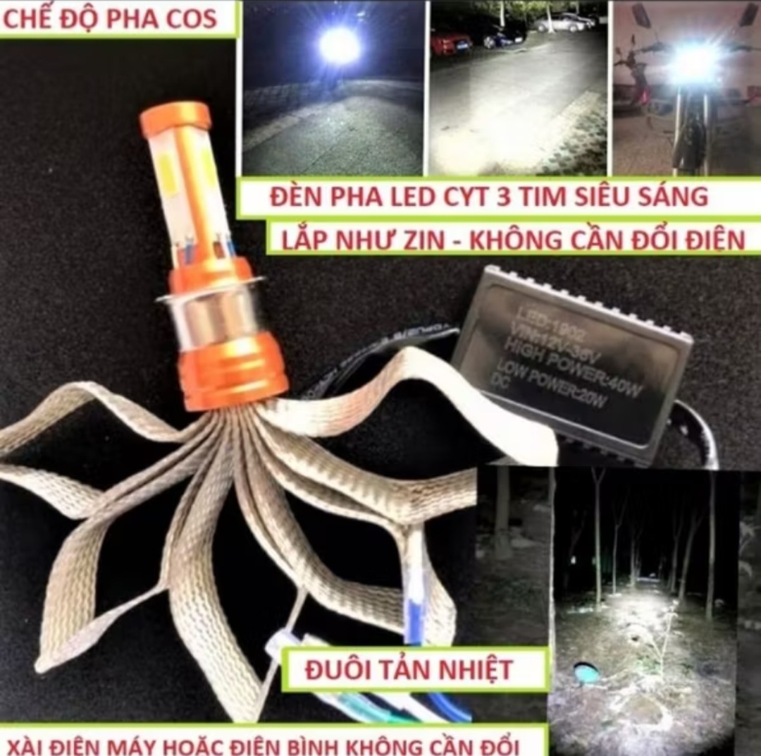 BÓNG ĐÈN PHA LED 3 TIM SIÊU SÁNG LẮP XE MÁY ÔTÔ MẪU MỚI