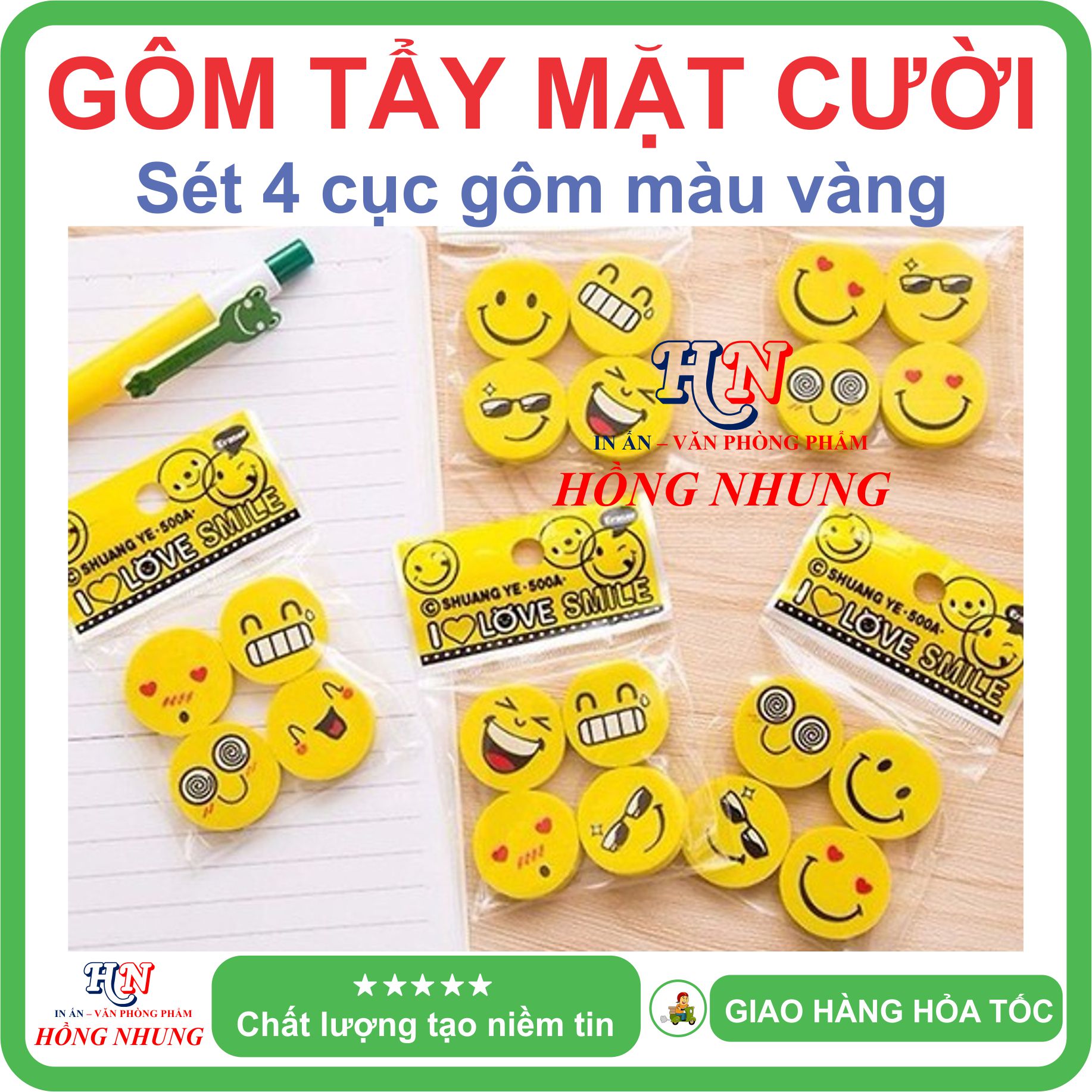 [SÉT] COMBO 4 Cục Gôm Tẩy Hình Mặt Cười - Màu Sắc Dễ Thương, Làm Qùa Cho Bé Yêu