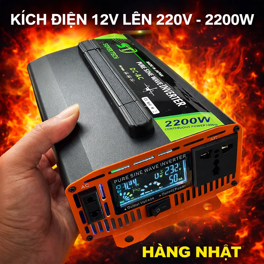 Kích Điện 12V Lên 220V 2200W Hàng Nhật – Sóng Sin Chuẩn, Màn Hình LED Hiển Thị Vôn &amp; Nhiệt Độ